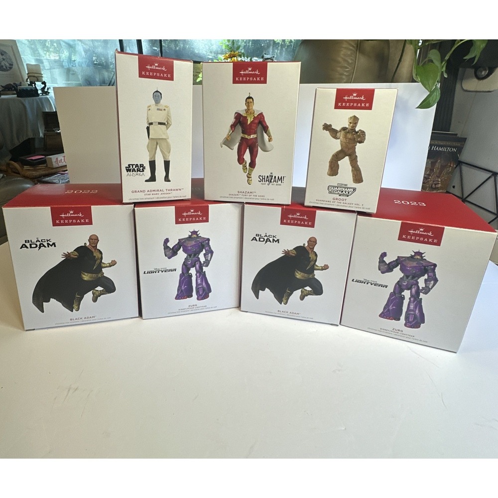 Lot of 7-Hallmark Ornaments - Black Adam,Zerg Shazam Groot Admiral Thrawn New!